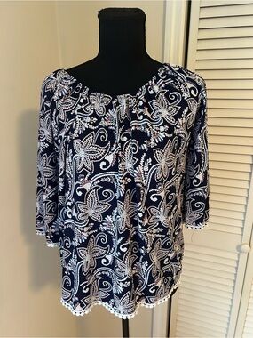 SJS Navy & White Floral Lace-Trim Peasant Tunic